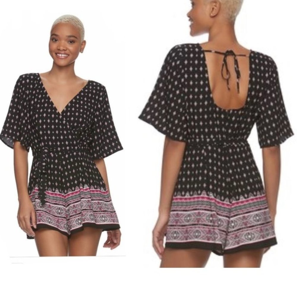 Three Pink Hearts Romper Shorts Open Back V Neck